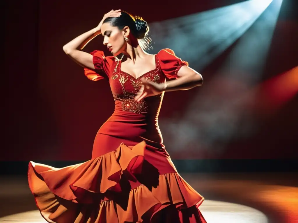 Una bailarina de flamenco ejecuta una danza apasionada, con un vestido rojo vibrante y luces de escenario cálidas