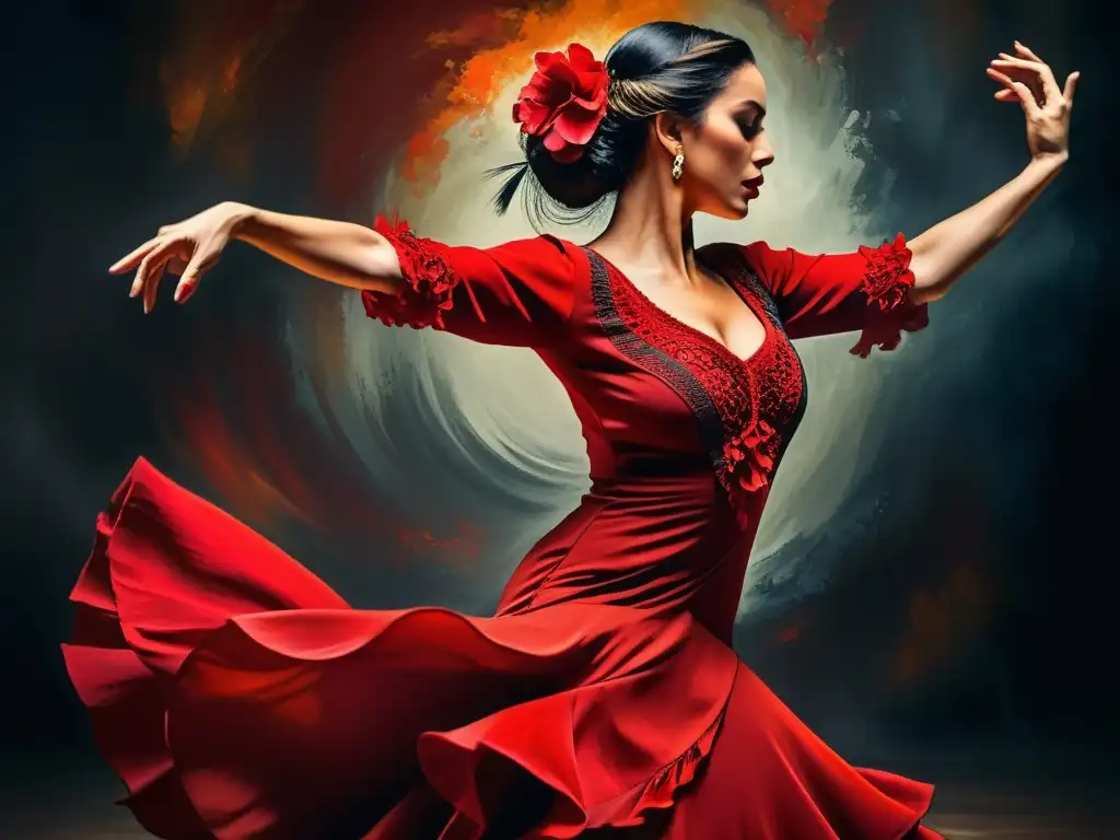 Una bailarina de flamenco enérgica y apasionada con un vestido rojo vibrante, expresando la esencia del baile