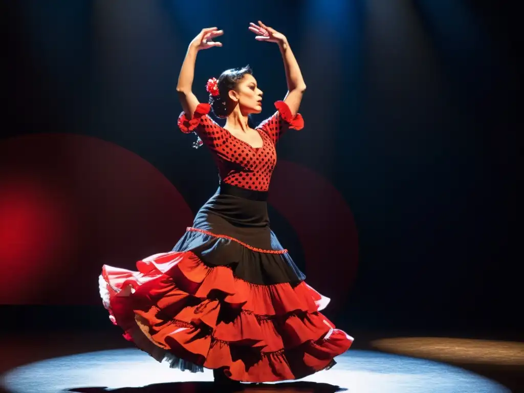 Una bailarina de flamenco enérgica y apasionada con traje rojo y negro de lunares, tocando castañuelas