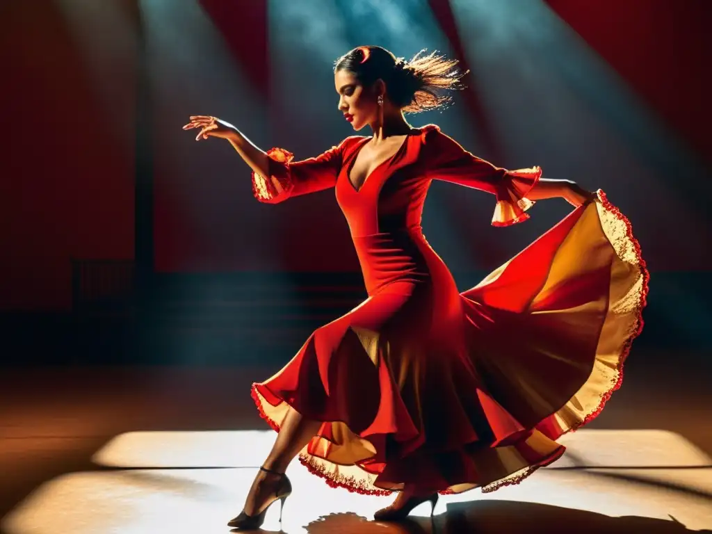 Una bailarina de flamenco enérgica, con un vestido rojo vibrante, domina el escenario mientras encarna la pasión y la fuerza del baile flamenco