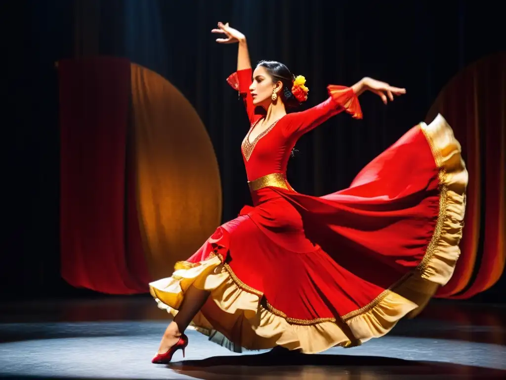 Una bailarina de flamenco gira en un escenario con cortinas rojas y doradas, expresando la pasión y el significado cultural del flamenco español