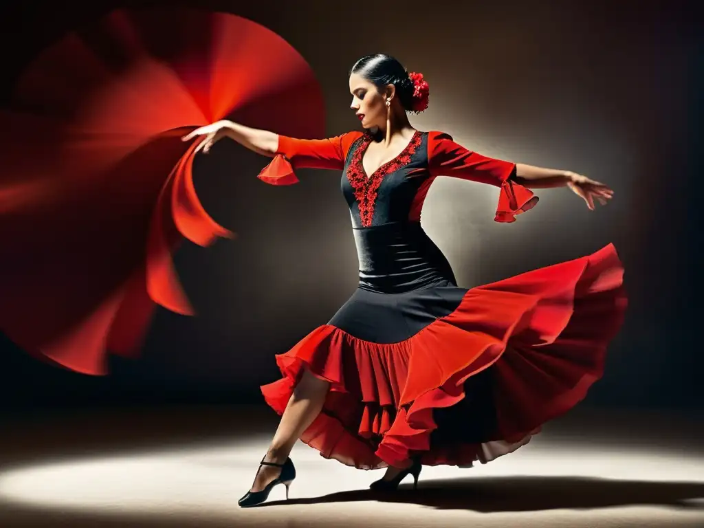 Una bailarina de flamenco en un intenso baile, vestida de rojo y negro