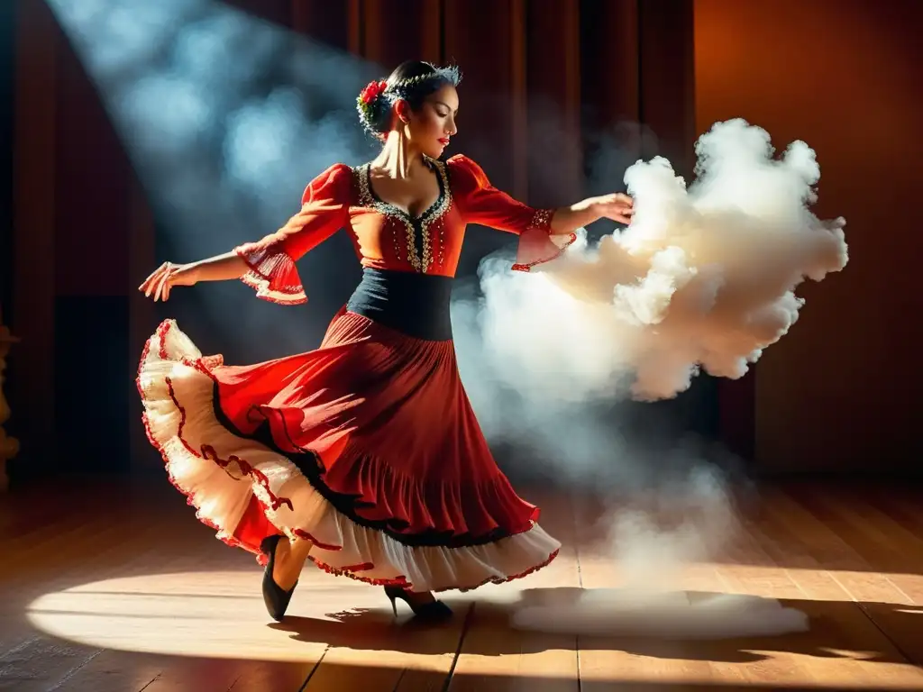 Una bailarina de flamenco tradicional española crea una nube de polvo en el escenario mientras se mueve con pasión y energía