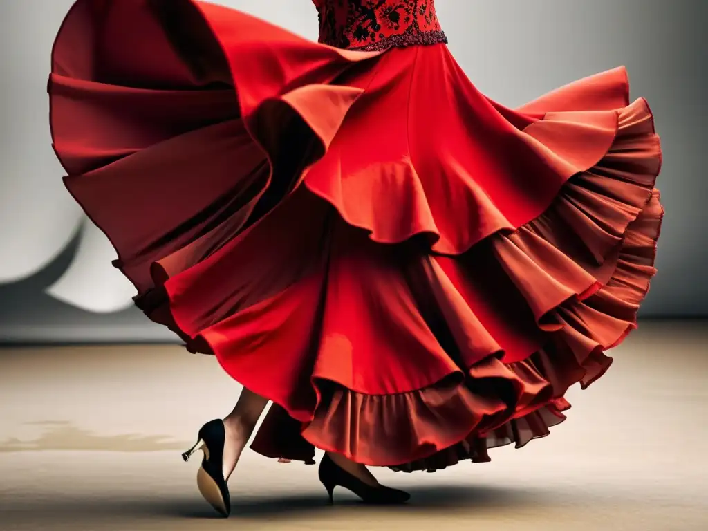 Una bailarina de flamenco con traje rojo vibrante, expresión apasionada y postura fuerte