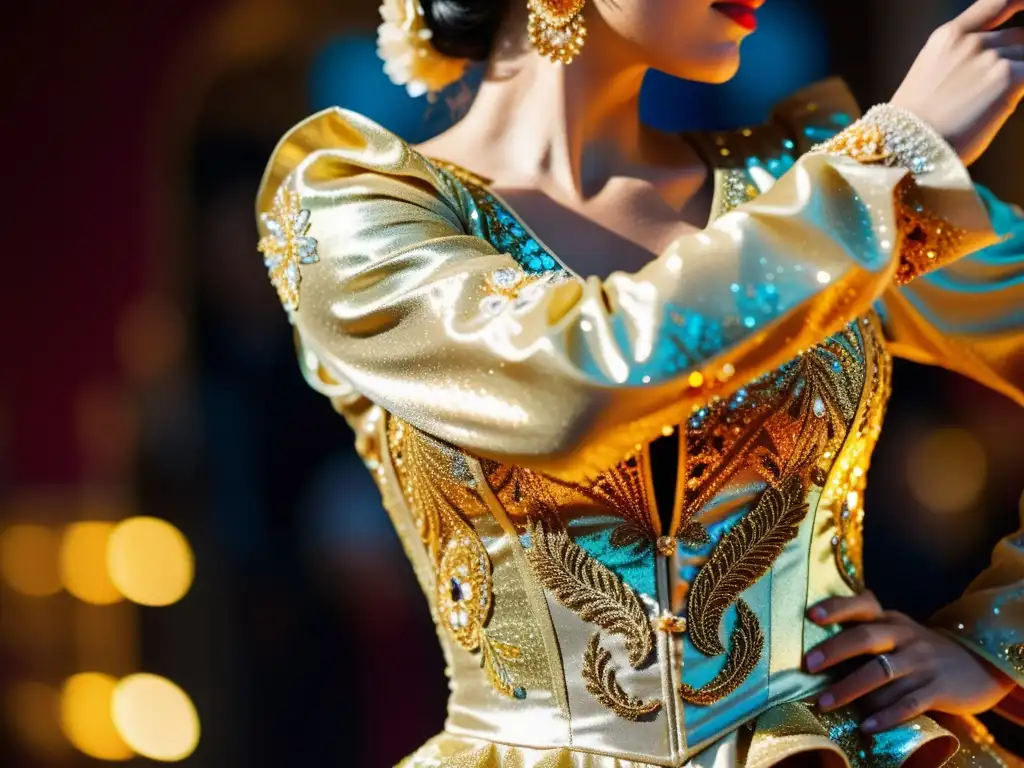 Una bailarina de flamenco con un vestido de luces adornado con bordados dorados y lentejuelas, capturando la esencia de la danza europea