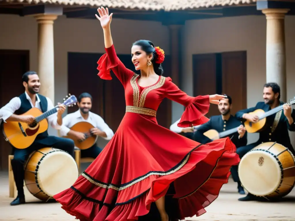 Una bailarina de flamenco con vestido rojo, rodeada de músicos árabes