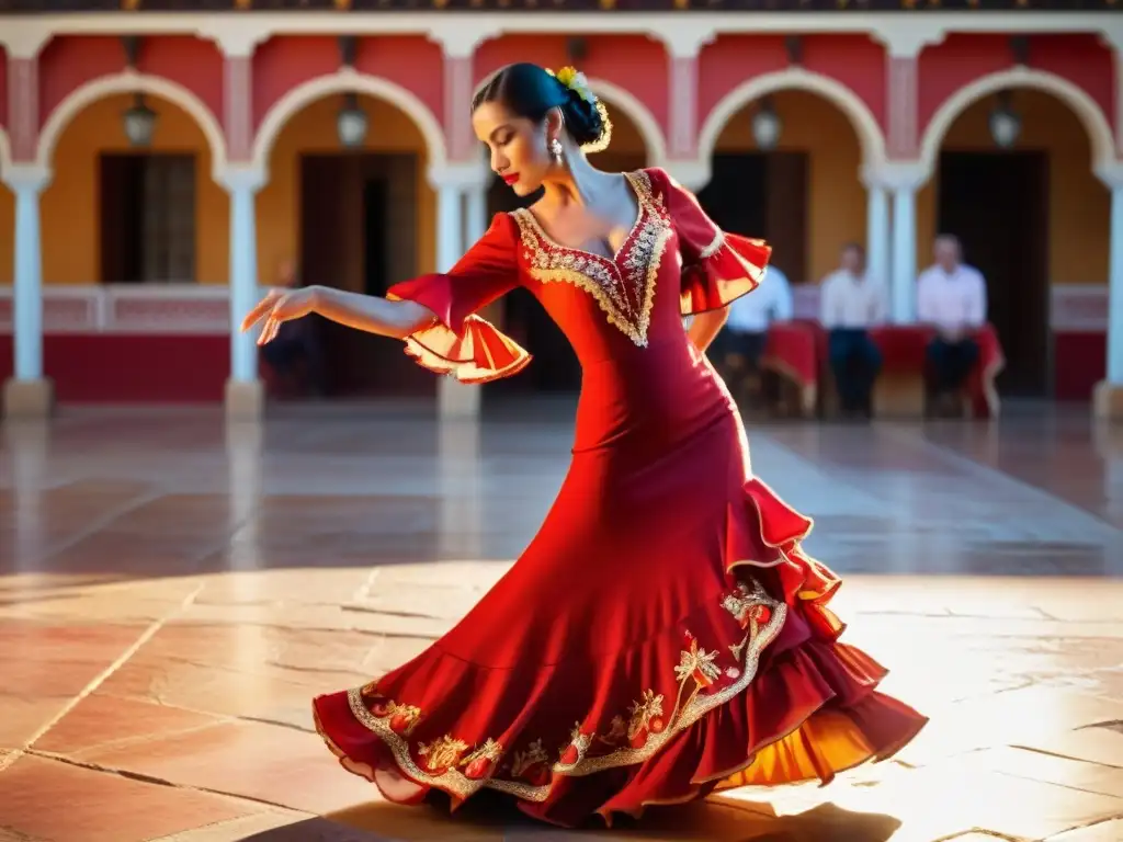 Una bailarina de flamenco en un vestido rojo vibrante, con paletas de color étnicas, baila con gracia y pasión ante una multitud