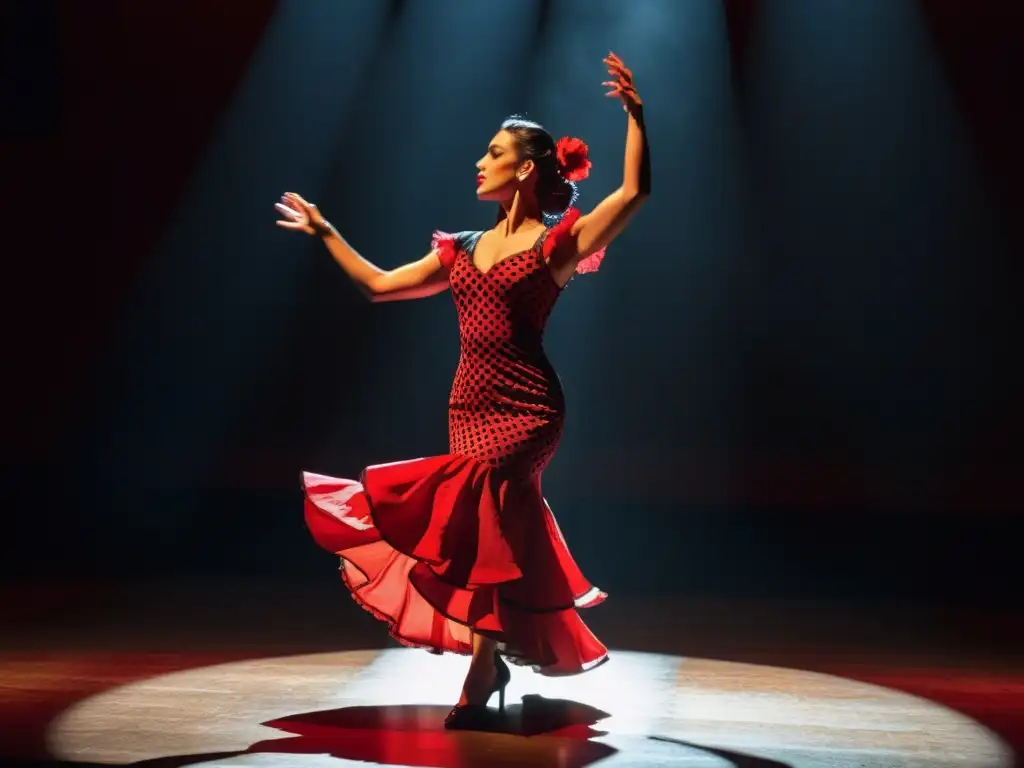 Una bailarina de flamenco en un vestido rojo y negro de lunares, lista para una apasionada y enérgica actuación de danza española tradicional significado cultural