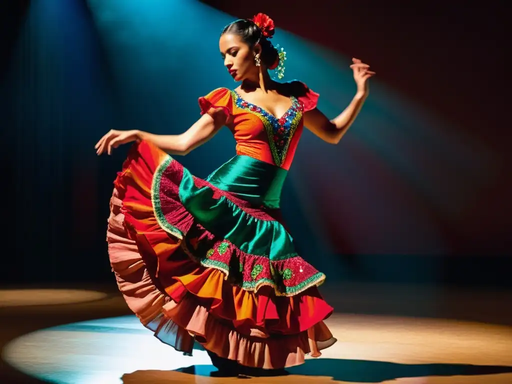 Una bailarina de flamenco en un vestido vibrante y único, con detalles de bordado y lentejuelas