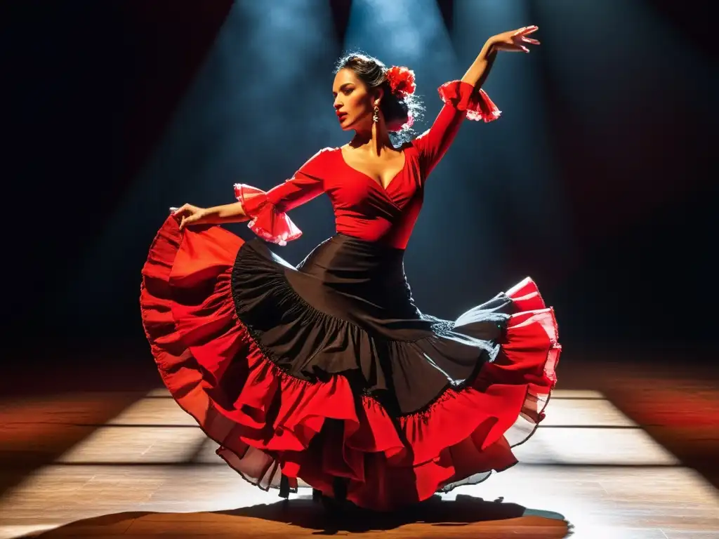 Una bailarina de flamenco vibrante y enérgica, vistiendo un traje rojo y negro tradicional, gira con gracia, su expresión feroz pero cautivadora