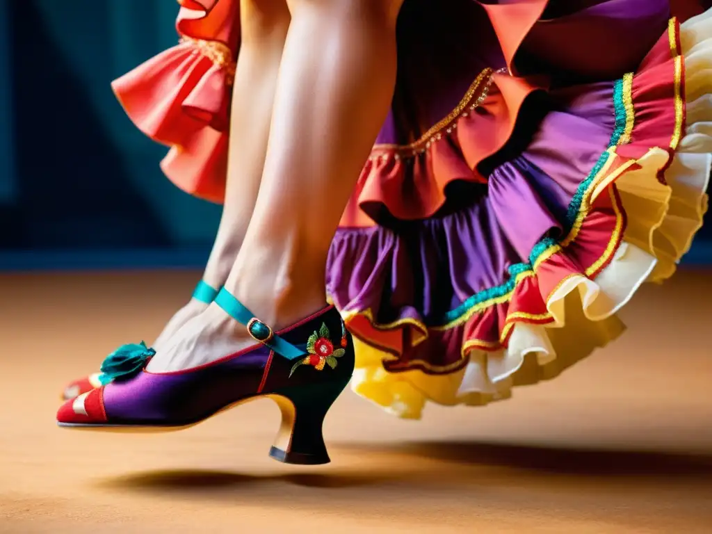 Una bailarina de flamenco ejecuta un zapateado apasionado, con su falda colorida y su mirada intensa, capturando la esencia de este arte español