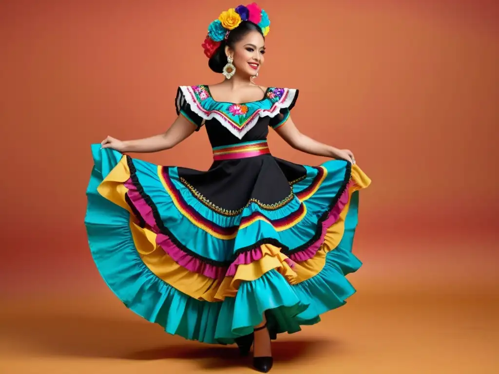 Una bailarina de folclor mexicano con un vestido moderno fusionando textiles tradicionales y diseño contemporáneo