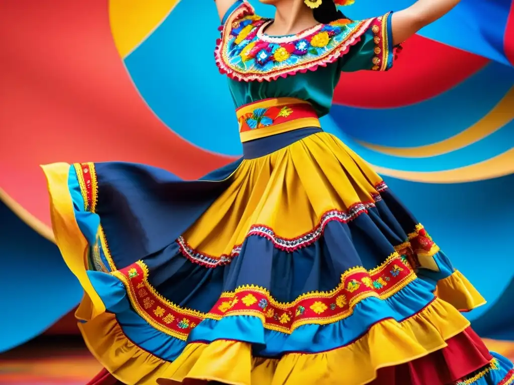 Una bailarina folclórica mexicana en pleno giro, con un traje vibrante y bordado, en un animado documental de danza tradicional mexicana