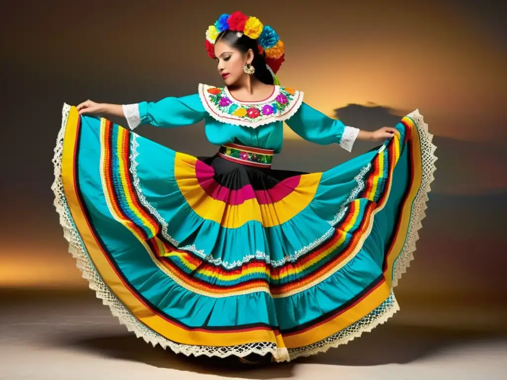 Una bailarina folclórica mexicana lleva un traje vibrante y elaborado, reflejando el significado cultural del vestuario de danza