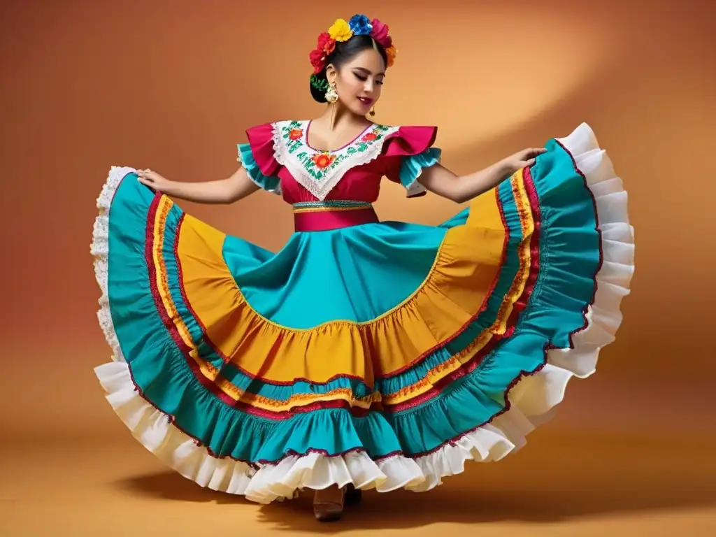 Una bailarina folclórica mexicana con un traje multicolor girando con gracia