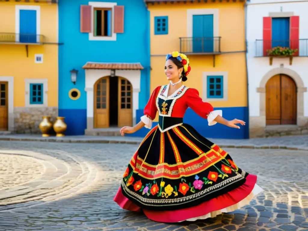 Una bailarina folclórica portuguesa vistiendo un vibrante traje regional, baila con gracia en una actuación animada