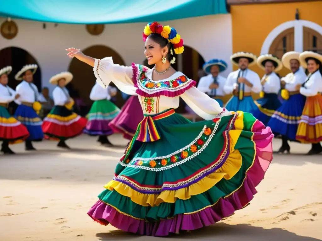 Una bailarina folklórica mexicana luce un traje vibrante y colorido en medio de una celebración cultural