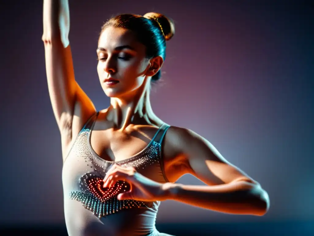 Una bailarina muestra su frecuencia cardíaca ideal en un salto, con determinación en su mirada y sudor perlado en su piel