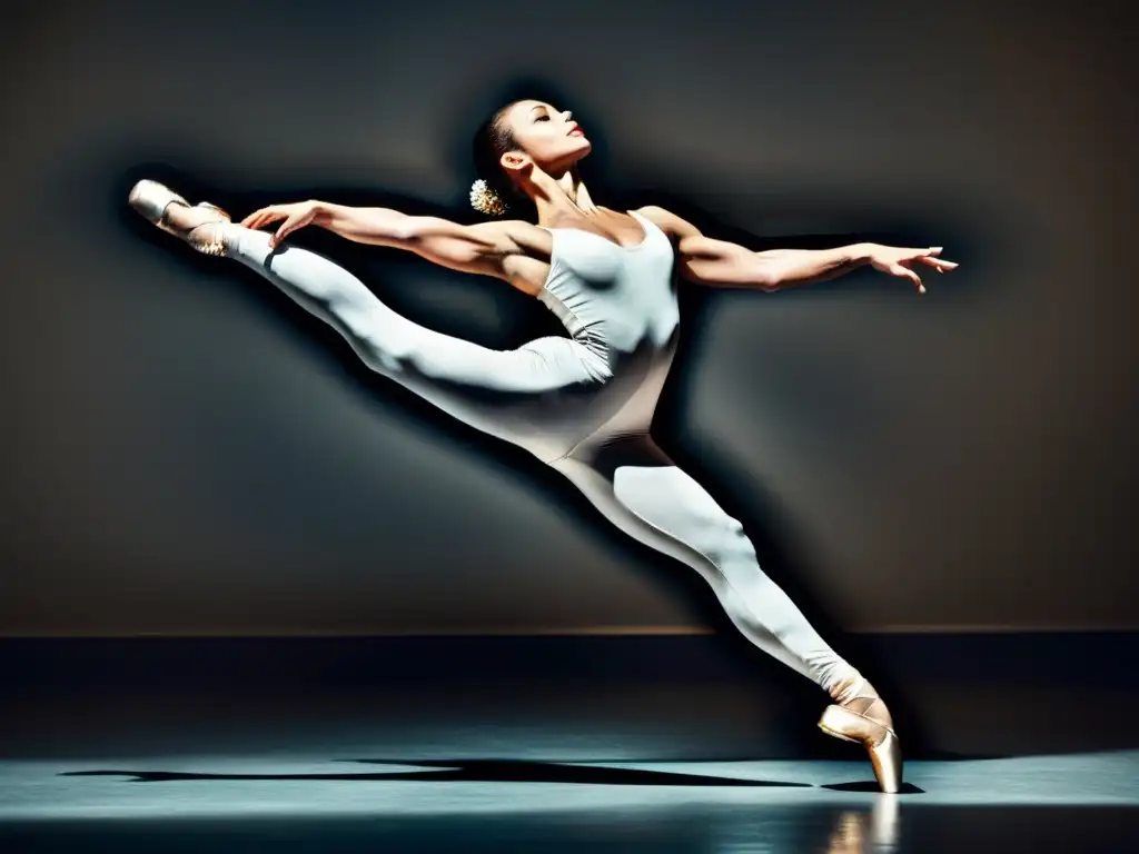 Una bailarina ejecuta un grand jeté con fuerza y flexibilidad, mostrando músculos definidos