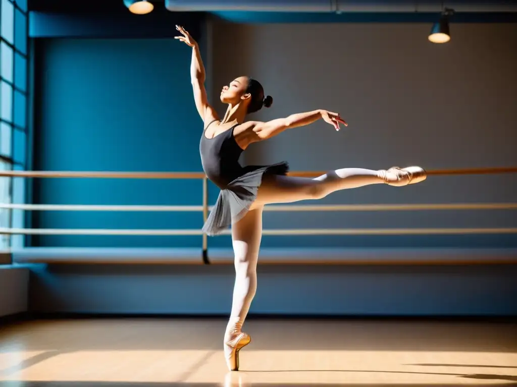 Una bailarina ejecuta un grand jeté con fuerza y gracia en un estudio luminoso, mostrando la fusión de potencia y elegancia