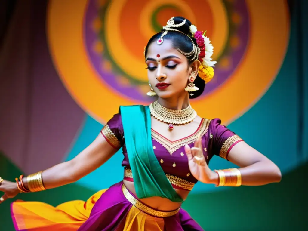 Una bailarina de Bharatanatyam deslumbra con sus gestos y traje colorido en una danza tradicional del mundo