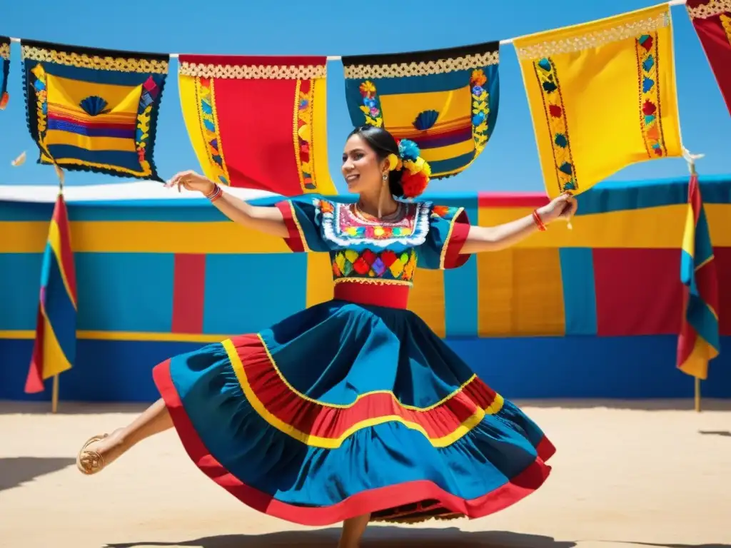 Una bailarina gira elegantemente en un vestido mexicano bordado, en medio de un animado huapango