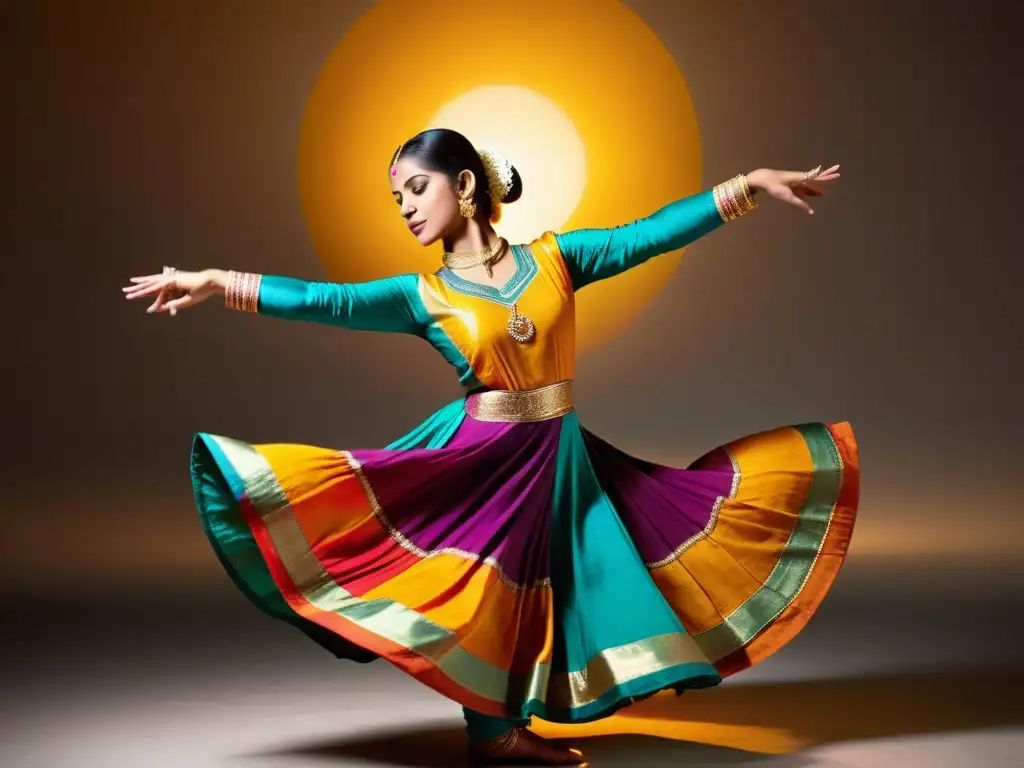 Una bailarina de Kathak ejecuta un giro preciso y cautivador, con vestimenta vibrante y elegantes mudras, rodeada de un resplandor etéreo