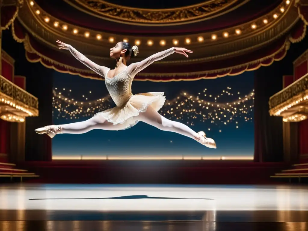 Una bailarina de ballet salta con gracia en un escenario ornamental, con una luz dramática resaltando su elegante figura