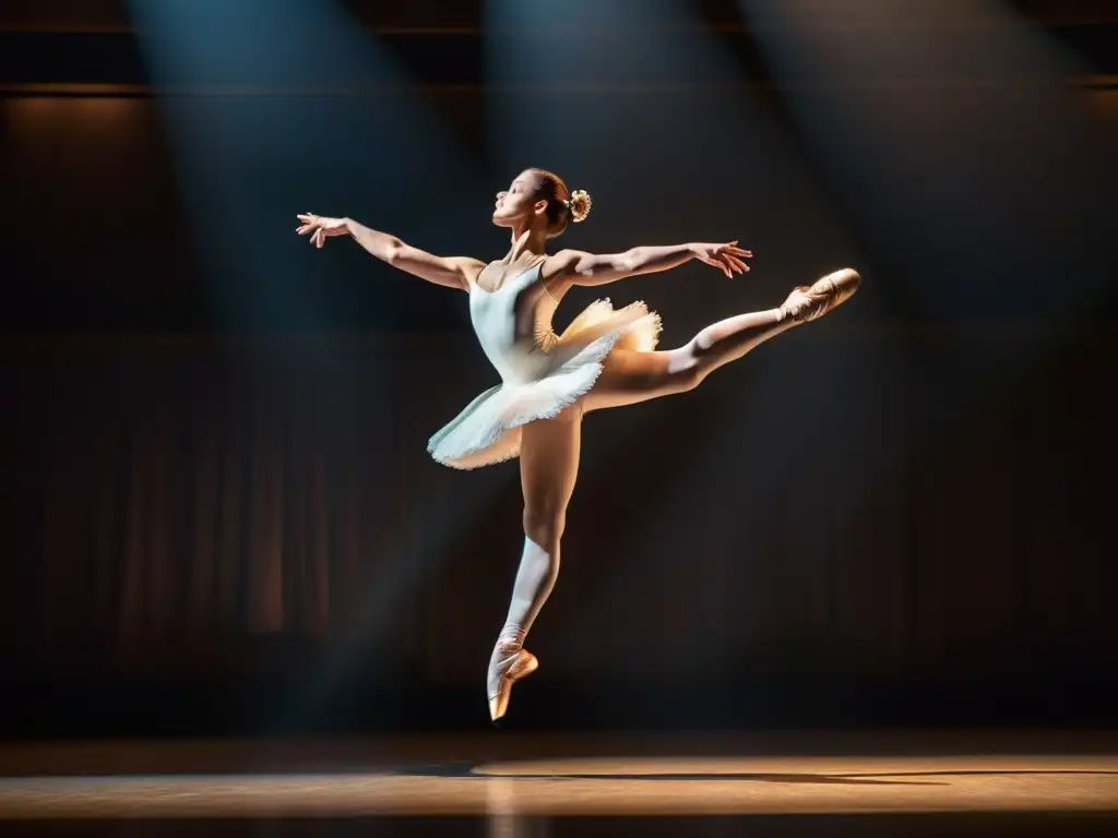 Una bailarina de ballet salta con gracia bajo un foco de luz, creando sombras dramáticas en el escenario