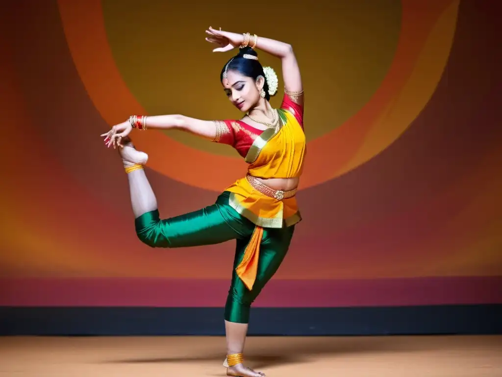 Una bailarina de Bharatanatyam muestra su gracia y fuerza en una pose profunda, reflejando la disciplina y el arte de esta danza tradicional india