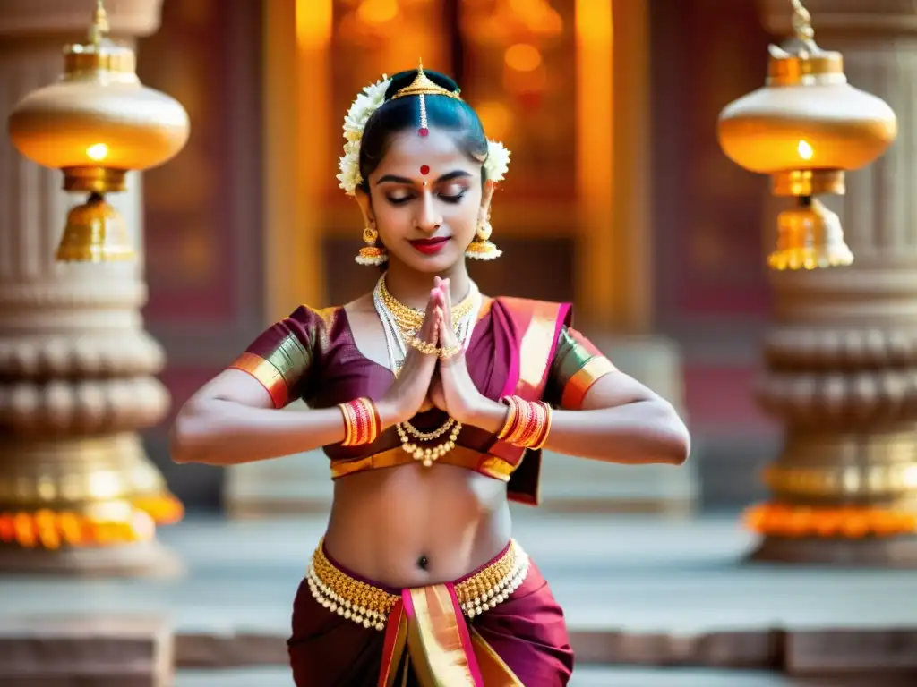 Una bailarina de Bharatanatyam cautiva con su gracia y expresión en un templo adornado, creando patrones rítmicos con sus movimientos precisos y envolventes