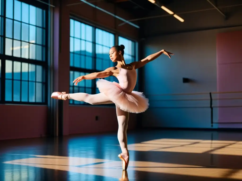 Una bailarina ejecuta una grácil pirueta, destacando sus zapatillas de punta rosadas en contraste con el estudio de danza