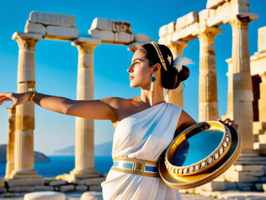 Una bailarina griega tradicional en un traje blanco sostiene un pandero frente a ruinas antiguas, evocando un significado cultural y belleza atemporal