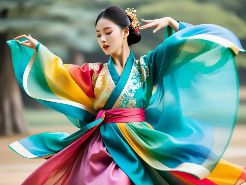 Una bailarina de hanbok coreano gira con gracia, creando patrones con la tela vibrante