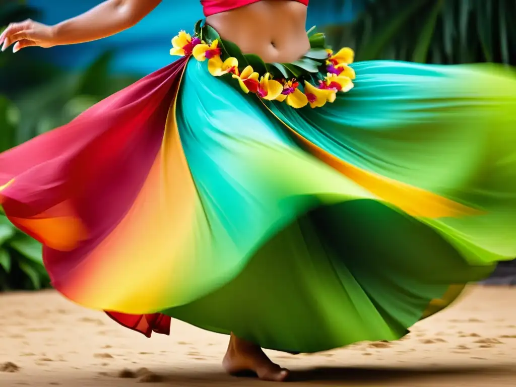 Una bailarina de hula hawaiana con traje vibrante y expresión determinada, envuelta en movimiento