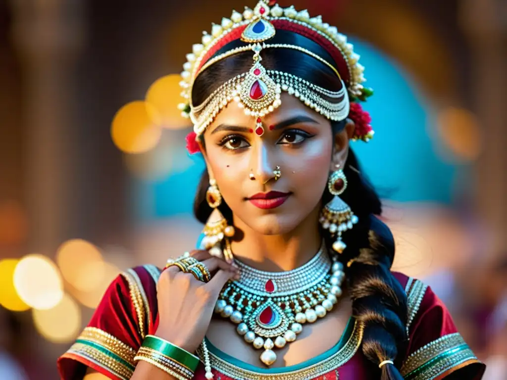 Una bailarina india con accesorios tradicionales que resaltan el significado cultural de accesorios en danzas