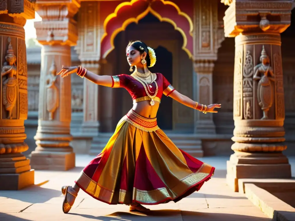 Una bailarina india clásica en un hermoso atuendo, realizando movimientos expresivos en un templo antiguo, iluminada por suave luz dorada