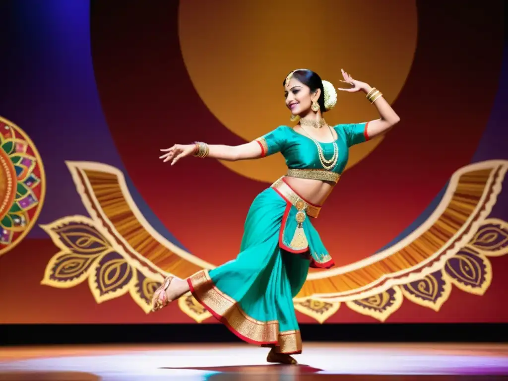 Una bailarina india realiza movimientos elegantes en un escenario, vistiendo trajes vibrantes y realizando gestos detallados