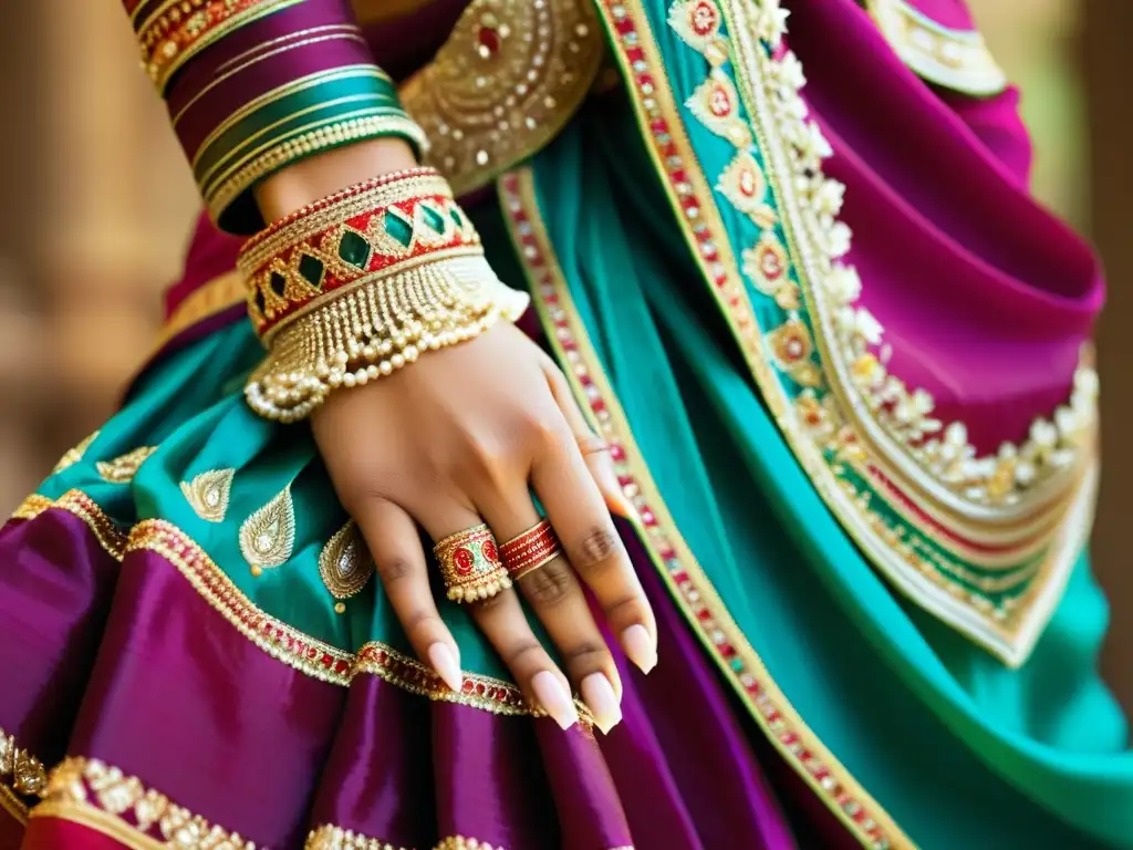 Una bailarina india viste un sari vibrante y ricamente bordado, mostrando la elegancia de la danza clásica