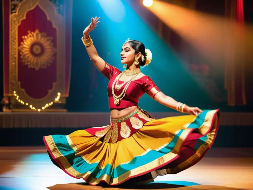 Una bailarina india tradicional realiza movimientos gráciles en un escenario, vestida con trajes vibrantes y rodeada de decoraciones ornamentadas