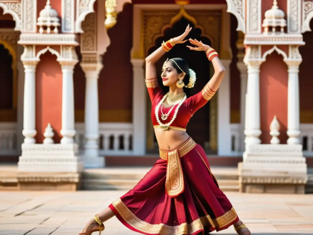 Una bailarina india en traje vibrante realiza danzas clásicas de la India en un templo decorado, expresando gracia y tradición