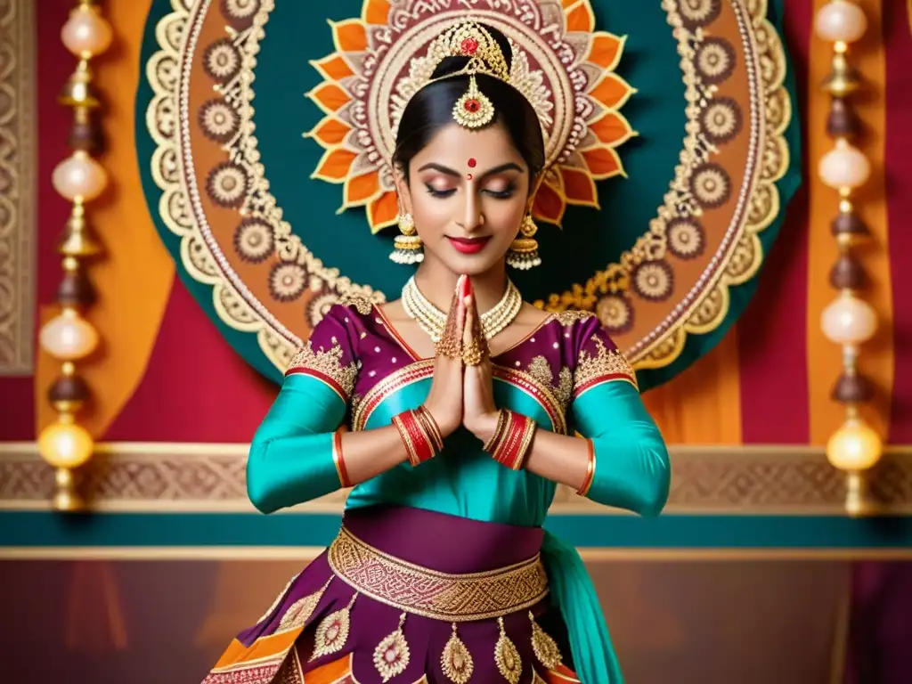 Una bailarina india con trajes y joyas vibrantes en un elegante mudra, rodeada de telas y motivos tradicionales, capturando la esencia del Compás de Bollywood y Danzas Clásicas