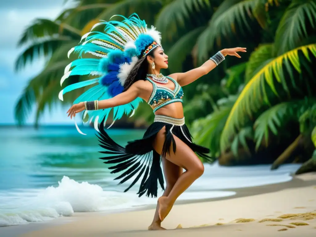 Una bailarina indígena de Oceanía, vistiendo traje tradicional, danza con gracia contemporánea en un escenario tropical, expresando la rica herencia cultural de la danza en Oceanía