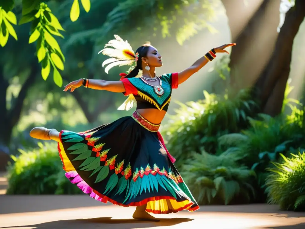 Una bailarina indígena en traje tradicional y plumas, danza en la naturaleza