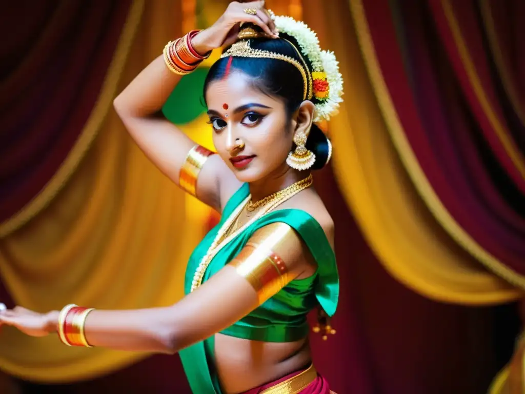 Una bailarina de Bharatanatyam indio con traje vibrante y movimientos gráciles, expresando la historia evolutiva del arte