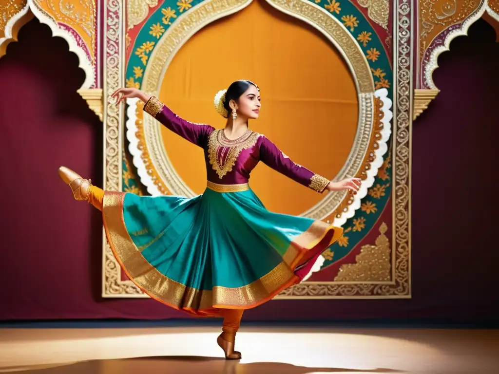 Una bailarina de Kathak indio con traje vibrante, movimientos gráciles y un fondo ornamental que evoca los orígenes y rituales del Kathak Indio