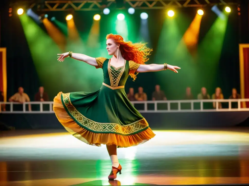 Una bailarina irlandesa con cabello rojo intenso y un vestido verde y dorado tradicional, realizando un salto elegante y complejo