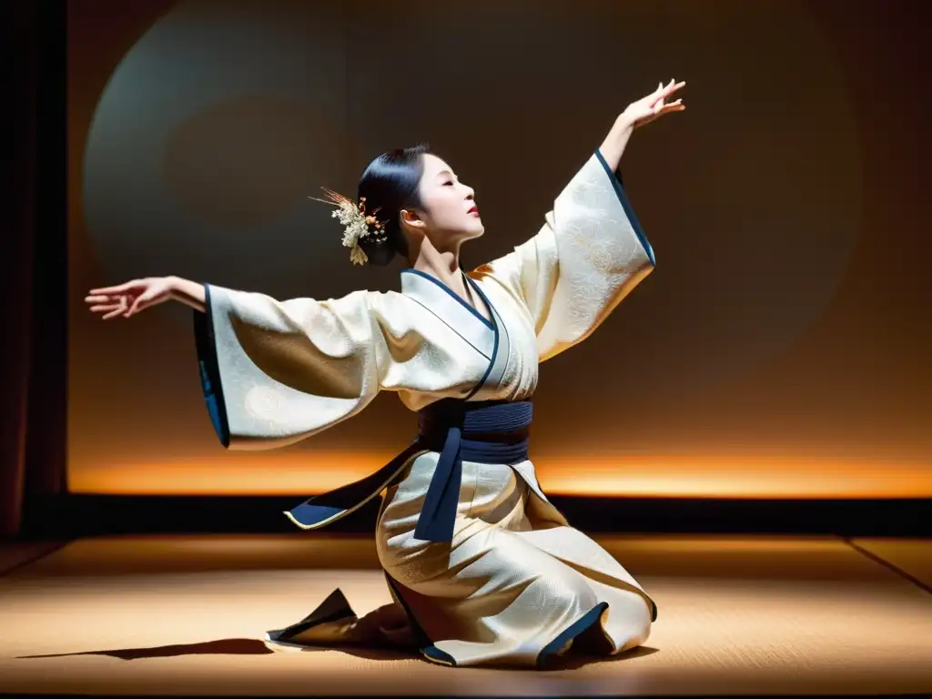 Una bailarina japonesa elegante en traje tradicional de Nihon Buyo, realizando una danza narrativa con movimientos fluidos y gestos delicados, bajo una suave luz que resalta los patrones del traje y la gracia de la actuación