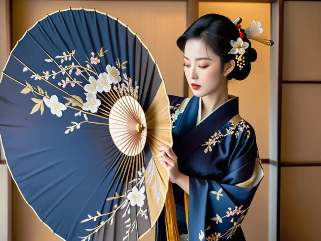 Una bailarina japonesa ajustando un kimono de seda con bordados en tonos índigo y dorado, con influencia de la danza en moda