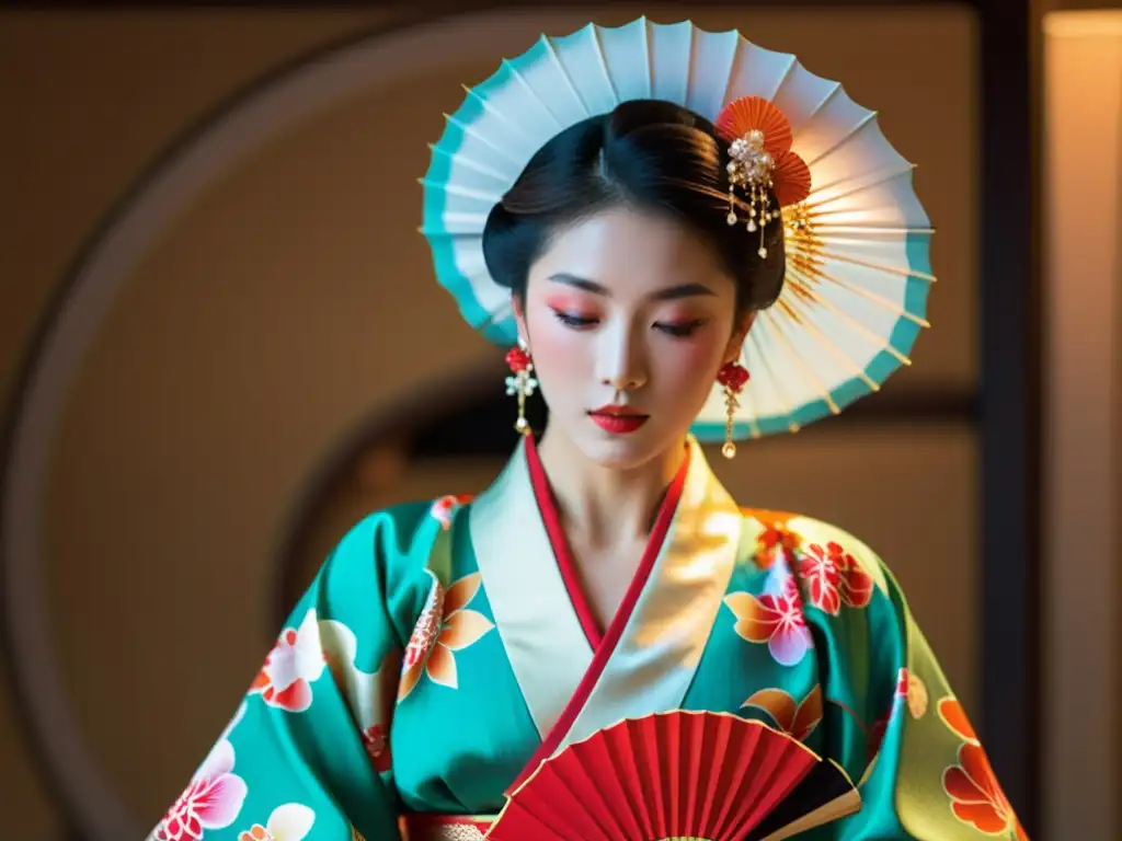 Una bailarina japonesa con kimono vibrante danza con gracia, sosteniendo un abanico